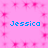 Pink background with repeating pink starburst patterns and four instances of the name "Jessica" in blue pixelated text arranged in a