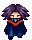 Pixel art character with purple hair and dark blue robe, orange scarf, and gray mask covering mouth, shown in four static poses against gray background.