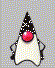 A cartoon character with a black pointed hat, red nose, and white body performs sequential hand gestures against a gray pixelated background.