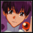 Pixelated anime-style character with purple hair and brown eyes holding a red circular object against a purple background, next to black with white text