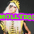 Six show a person with long blonde hair in various poses and outfits, overlaid with repeating green text on purple bands
