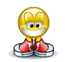 Yellow circular character with black eyes and white mouth on silver base, red shoes in various walking poses.