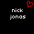 Red pixelated heart symbol above two identical white text blocks reading 'nick jonas' on black background.