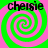 Four identical spiral patterns with alternating green and pink colors, each containing the text 'chelsie' in black pixelated font above a central swirl.