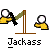 Pixelated animation of yellow-shirted figures interacting with a brown structure, text 'Jackass' below each frame.