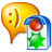 Yellow speech bubble with smiley face next to blue-bordered document containing red circle and green star-like shape on gray background.