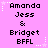 Pixelated text on a pink background with white star accents, displaying names and 'BFFL' in black block letters.