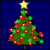 Animated Christmas tree with red and green ornaments, yellow star on top, against dark blue background.