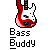 Pixelated red and white electric bass guitar icon with black accents, positioned above stacked text reading 'Bass Buddy' on a gray background.