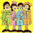 Four pixelated cartoon figures in colorful outfits stand side-by-side against a solid yellow background with no visible text or animation.