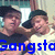 Two pixelated figures in dark caps and casual shirts pose closely together with one arm around the other, blue text reading 'Gangsta' at bottom.