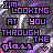 Pixelated text repeats 'I'M LOOKING AT YOU THROUGH THE glass' with pink and purple lettering over a dark background featuring white streaks.