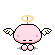 Pixelated pink spherical character with yellow halo, white wings, and small feet in four distinct poses against gray background.
