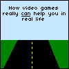 Animated sequence showing a race track with a red car, countdown timer, and yellow light, transitioning to 'Real Life' and 'WIN!!' text.