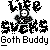 A static contact sheet of a pixel art buddy icon featuring a goth character with white face and black clothing, displayed in two identical frames on a gray background with promotional text for "badassbuddy.com".