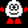 Pixelated white character with black spiral eyes and red feet, showing left arm movement from extended to retracted position