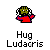 Pixel art of a green-skinned character in red clothing hugging another figure, with text reading "Hug Ludacris" and one frame showing "EITCH!" above the hug.