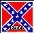 Red and blue Confederate battle flag design with white stars on diagonal cross, text 'REBEL' below in pixelated font.