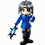 Pixel art character in blue jacket with yellow trim, black pants, and gray hair, shown in multiple poses holding a blue and white star-shaped object.
