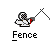 Pixel art animation of a fencer character in three frames showing sword movement with crossed swords, raised sword, and extended sword positions above the text "Fence".