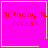 Four identical pink square with red text "Anthony A. <<333" and a white border, each containing one distinct small symbol in the corner