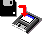 Pixelated black floppy disk icon with white square and blue top edge, featuring a red arrow pointing down on the disk's surface.