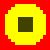 A pixelated yellow sun-like shape with a dark brown square center on red background, next to a pixelated checkerboard pattern with gray and white squares bordered by red and green pixels on black background.