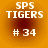 Four identical circular icons with orange gradient backgrounds display white text reading "SPS TIGERS # 34" in pixelated font.
