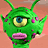 Pixelated green alien head with single large eye, pink mouth, and antennae against a peach background.