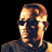 A pixelated image of a man with short hair and sunglasses, wearing a dark shirt against a black background, with repeated text "BLADE TRINITY" below.
