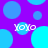 Purple background with scattered blue circles and four instances of the text 'YoYo' in white pixelated font.