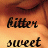 A static image of a person's face with the words 'bitter' and 'sweet' overlaid in black script, showing three variations of text opacity and background blur.