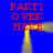 Blue background with red text reading "PARTY OVER HERE" repeated four times, connected by yellow light beams forming a rectangular frame.