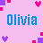 Pixel art displays "Olivia" text in multiple color variations with heart and square symbols on a pink background.