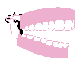 Pixelated pink mouth with white teeth and black outline showing two states: closed lips on left, open lips on right against gray background.