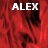 Red textured background with white text 'ALEX' repeated across three positions, one section of the image is solid gray.