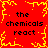 Red background with yellow pixelated border and four identical text blocks reading 'the chemicals react' in black pixelated font.