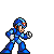Pixel art animation of a blue armored character firing projectiles with green and pink energy effects against gray background.