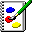 20 pixel-art icons showing a green paintbrush on white paper with blue, red, purple, and yellow paint splatters; the brush tip changes color across frames