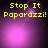 Four- of pixelated text 'Stop It Paparazzi!' over purple gradient backgrounds with varying light effects