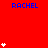 Red background with blue text 'RACHEL' repeated across the image and white heart symbols in various quantities at different positions.