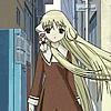 Anime-style character with long blonde hair and brown dress stands in urban alleyway, holding small pink flower near face.