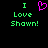 Green pixelated text 'I Love Shawn!' appears twice on a black background with a pink heart symbol between the two instances.