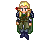 Pixelated character with blonde hair and red hair accessory, wearing green cloak and dark blue pants, holding curved white swords in various poses.
