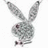 Pixelated grayscale bunny icon with long ears, rounded body, and small dark eyes, rendered in low-resolution style.