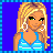 Pixel art contact sheet showing four frames of a female character in swimwear with text "Qt WiT a BoOtY" on blue background.