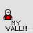 Pixel art animation of a red character with white face and blue ice effects, showing wall destruction sequence with 'MY WALL!!!' text.