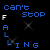 Pixelated text 'Can't Stop Falling' in blue and white on black background with gray stars, transitioning to a solid gray rectangle.