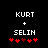 Pixelated text 'KURT' and 'SELIN' with a plus sign between them, five red heart symbols below, on a black background.