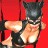 Pixelated static image of a character in black costume with cat ears against red background, showing upper body and arm pose.